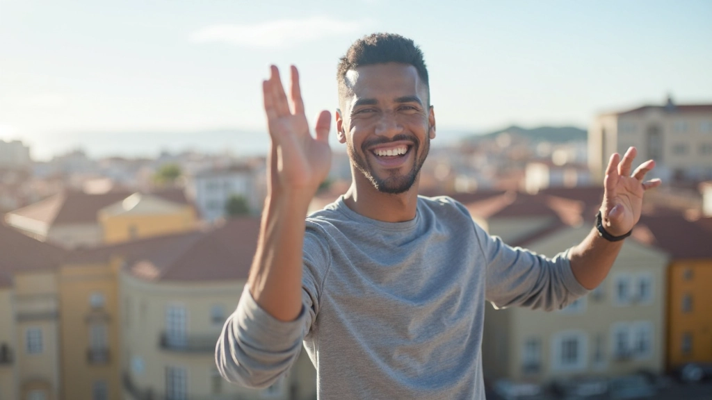 Retrato de profissional brasileiro sorrindo em frente a vista de Lisboa após completar curso intensivo