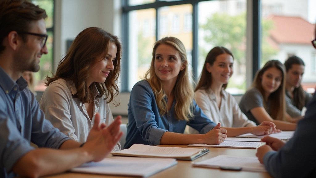 Estudantes estrangeiros em sala de aula de português em Portugal, conversando com professor nativo