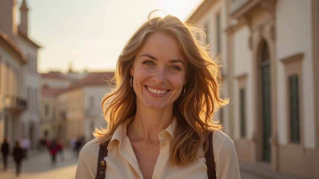 Retrato de professora francesa em frente a edifício histórico português após curso de imersão