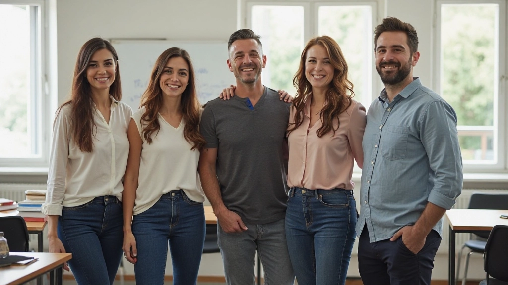 Equipe de professores de português nativos posando em sala de aula moderna em Portugal