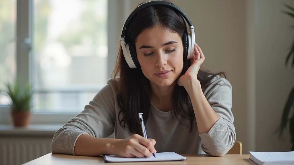 Estudante ouvindo áudio em português com fones de ouvido durante exercício de pronúncia