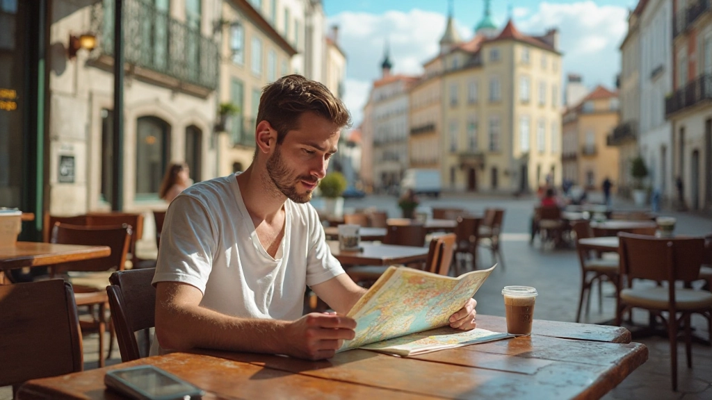 Mapa de Portugal com rotas de viagem e pontos turísticos destacados para aprendizado cultural